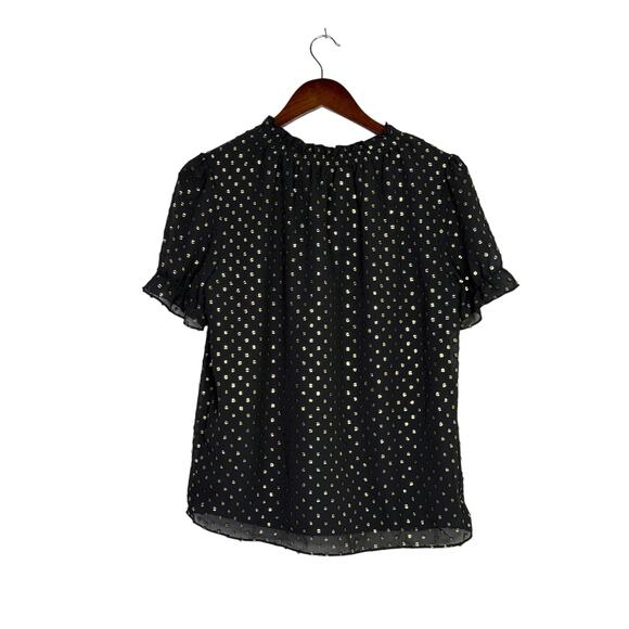 J. Crew Metallic Polka Dot Flowy Short Sleeve Baby Doll Blouse XS Black Gold - Picture 16 of 16